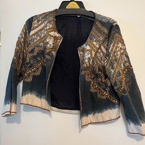 Blue & white tie dye cropped jacket with gold embroidery. Size Small.